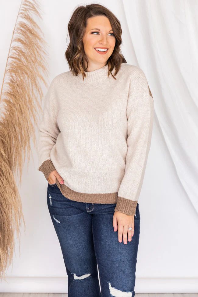 Cool Again Beige Colorblock Mock Neck Sweater | Pink Lily