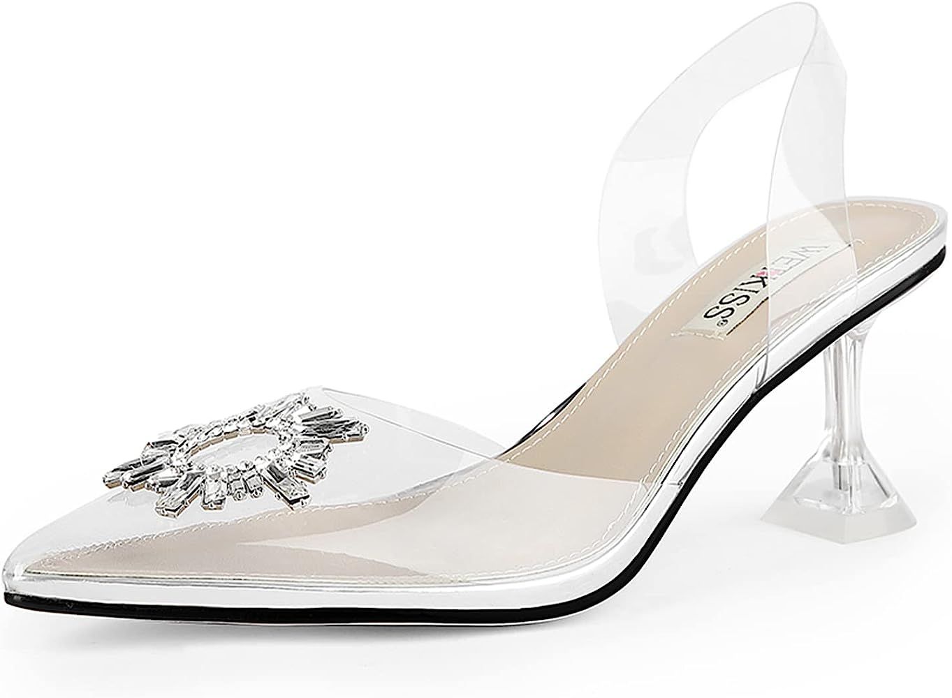 wetkiss Women's Clear Heels Shoes, Crystal Rhinestones Slingback Wedding Shoes Pointed Toe High Heel | Amazon (US)