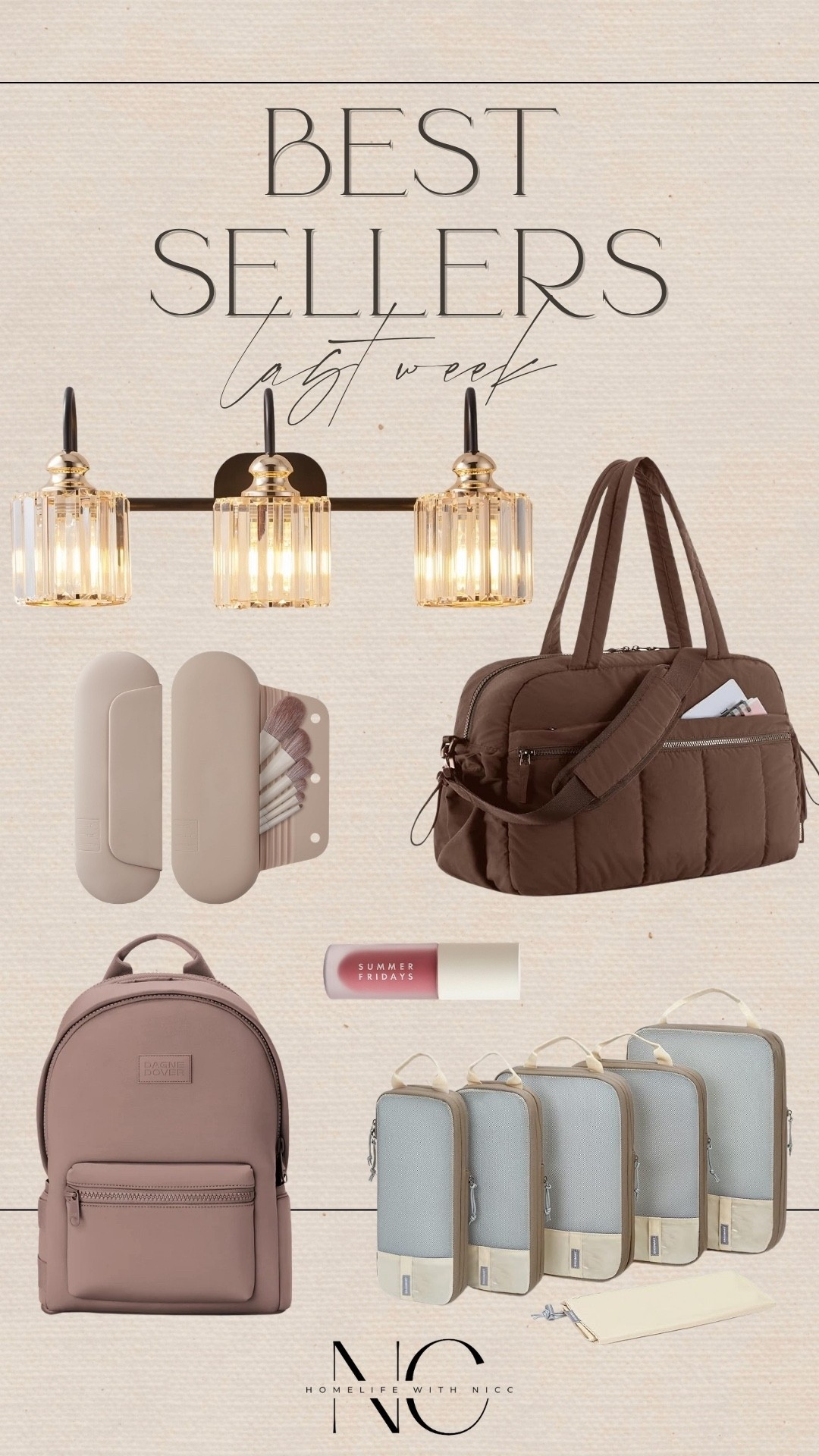 Last week’s best sellers! Gorgeous modern vanity lighting, the best travel bags, packing cubes, Summer Friday lip oil (the best!) and of course some more great travel gear! 