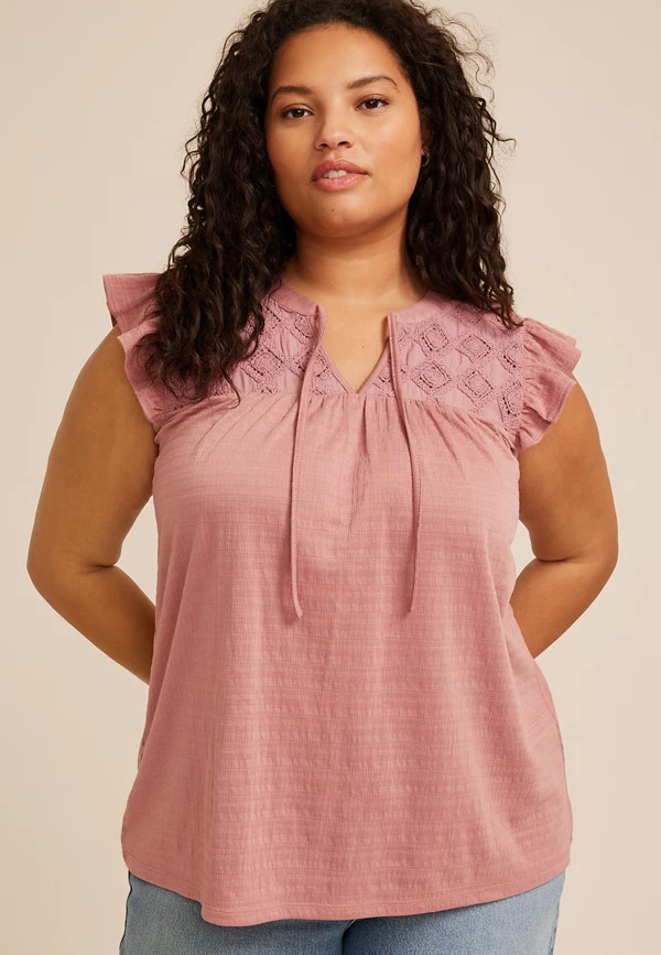 Plus Size Crochet Yoke Ruffle Trim Top | Maurices