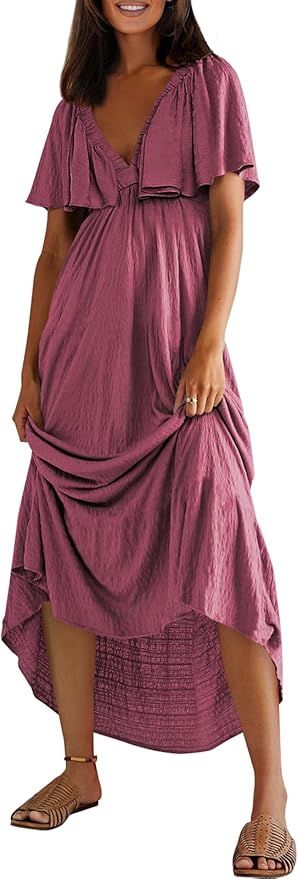 miduo Womens Deep V Neck Flutter Short Sleeve Open Back Tiered Flowy Maxi Long Dresses | Amazon (US)