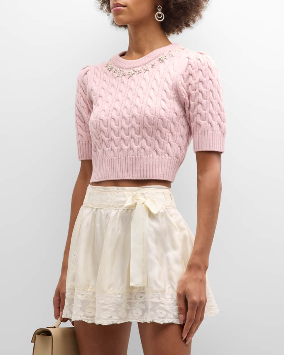 Chapelle Embellished Cable-Knit Wool Crop Sweater | Neiman Marcus