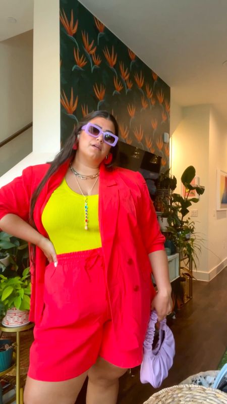 Colorful plus size blazer tank sunglasses shoes and bag for a fun night out look 

#LTKcurves #LTKunder50 #LTKstyletip