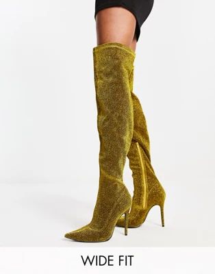 Public Desire Wide Fit Dasha over the knee boots in gold glitter | ASOS (Global)