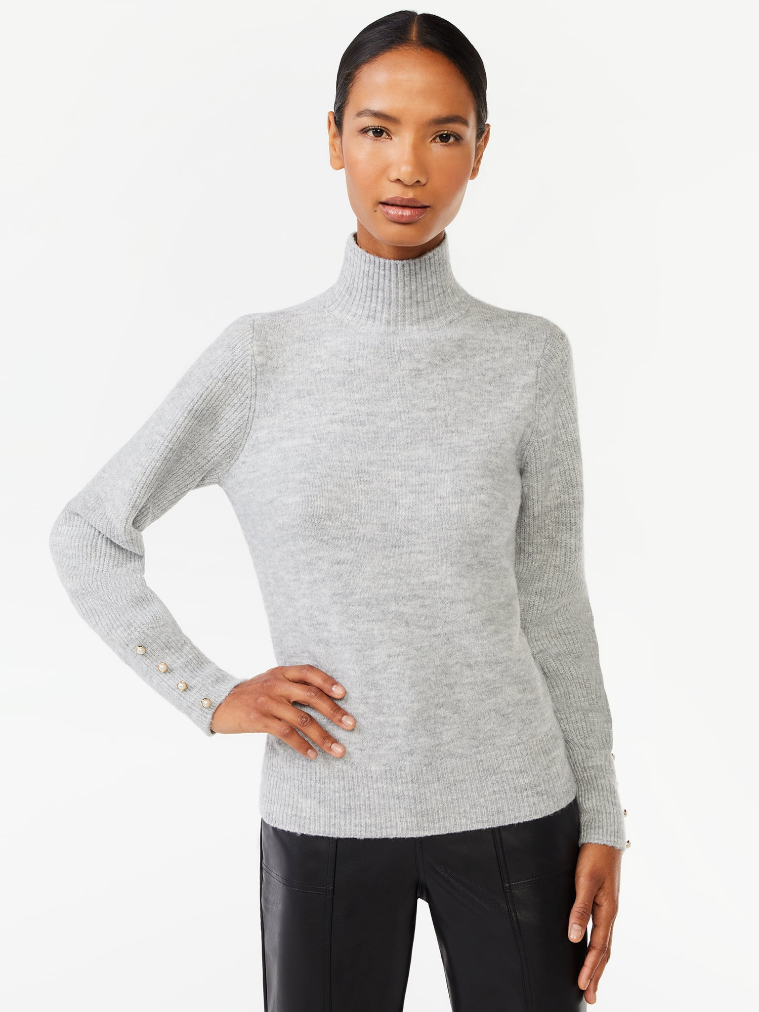 Scoop Women's Long Sleeve Turtleneck Sweater with Button Cuffs, Sizes XS-XXL | Walmart (US)