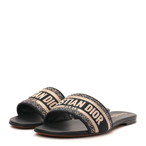 Canvas Embroidered Dway Mules Slide Sandals 39.5 Deep Blue | FASHIONPHILE (US)