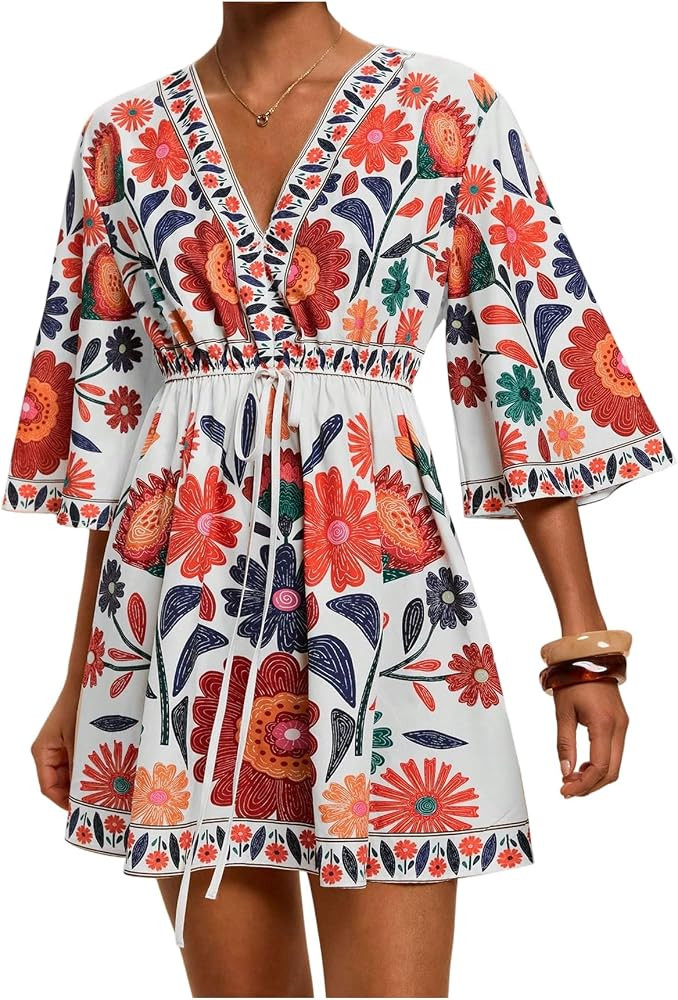 WDIRARA Women's Floral A Line Short Dress V Neck 3/4 Sleeve Flowy Dresses Boho Beach Vacation | Amazon (US)