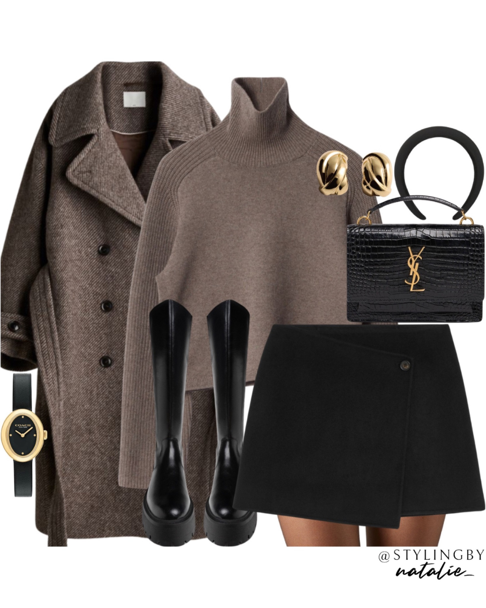 Belted wool coat, turtleneck jumper, wool mini skirt, tights, chunky flat knee high boots, Saint Laurent croc embossed crossbody bag, gold earrings, chunky headband & Coach watch. 
Autumn outfit, winter outfit, casual chic, sweater, black boots#LTKautumn 

#LTKstyletip #LTKshoes