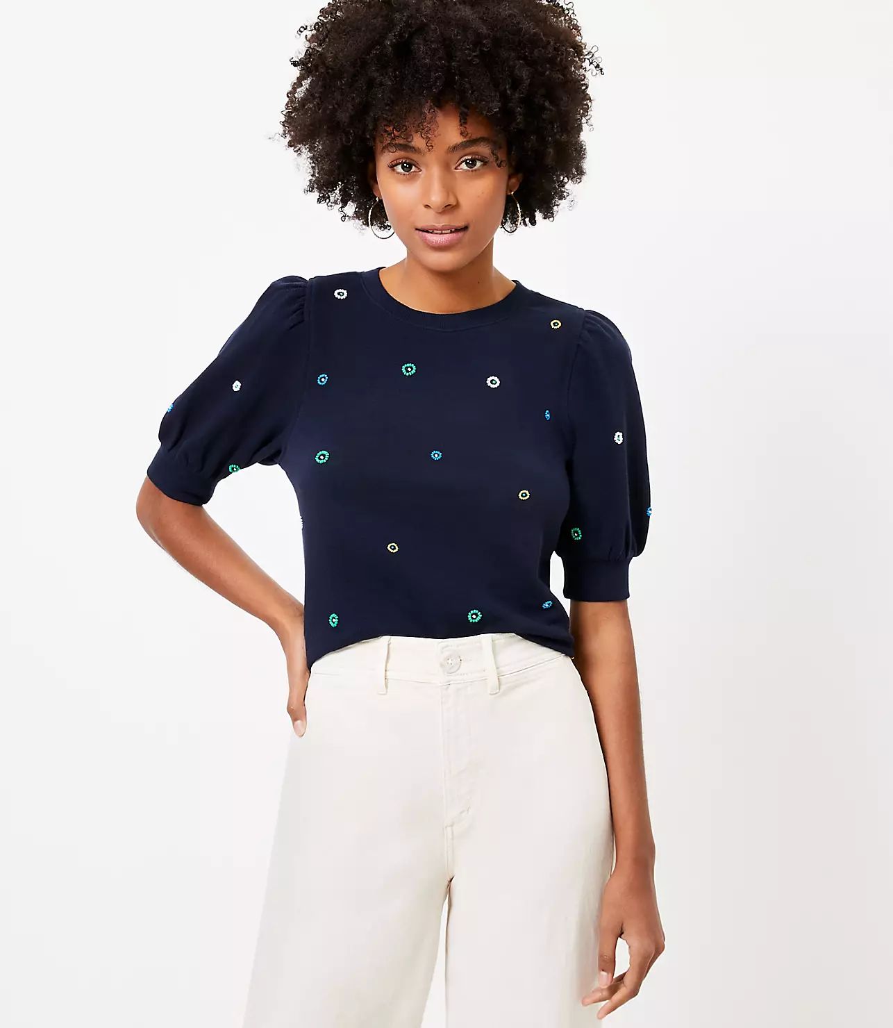 Petite Beaded Puff Sleeve Sweatshirt Top | LOFT