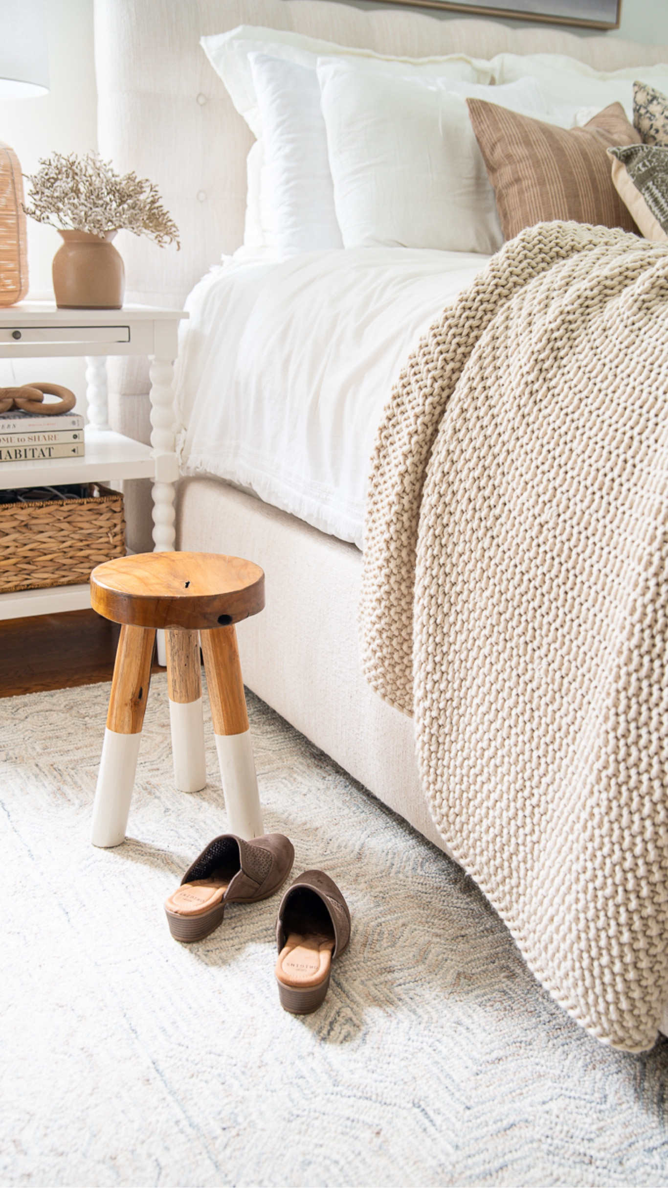 Neutral bedding, duvet cover, quilts, throw pillows, throw blankets, artwork, wicker lamps, curtains, side table, and home decor #bedroom

#LTKhome