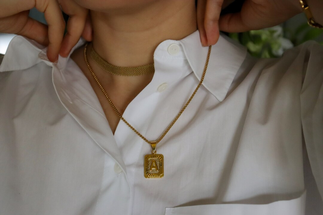 Gold Filled Initial Letter Necklace, Medal Gold Initial Letter Pendant Necklace Square Alphabet R... | Etsy (US)