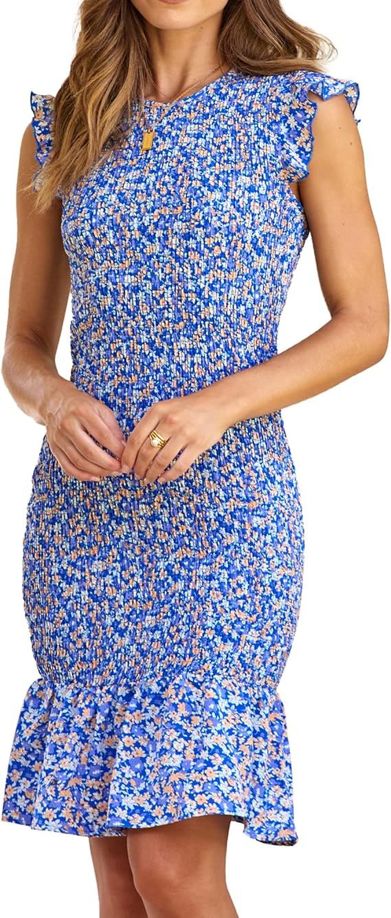 BTFBM Casual Women Ruffle Sleeves Summer Beach Dress 2023 Elegant Floral Bodycon Smoked Mini Merm... | Amazon (US)
