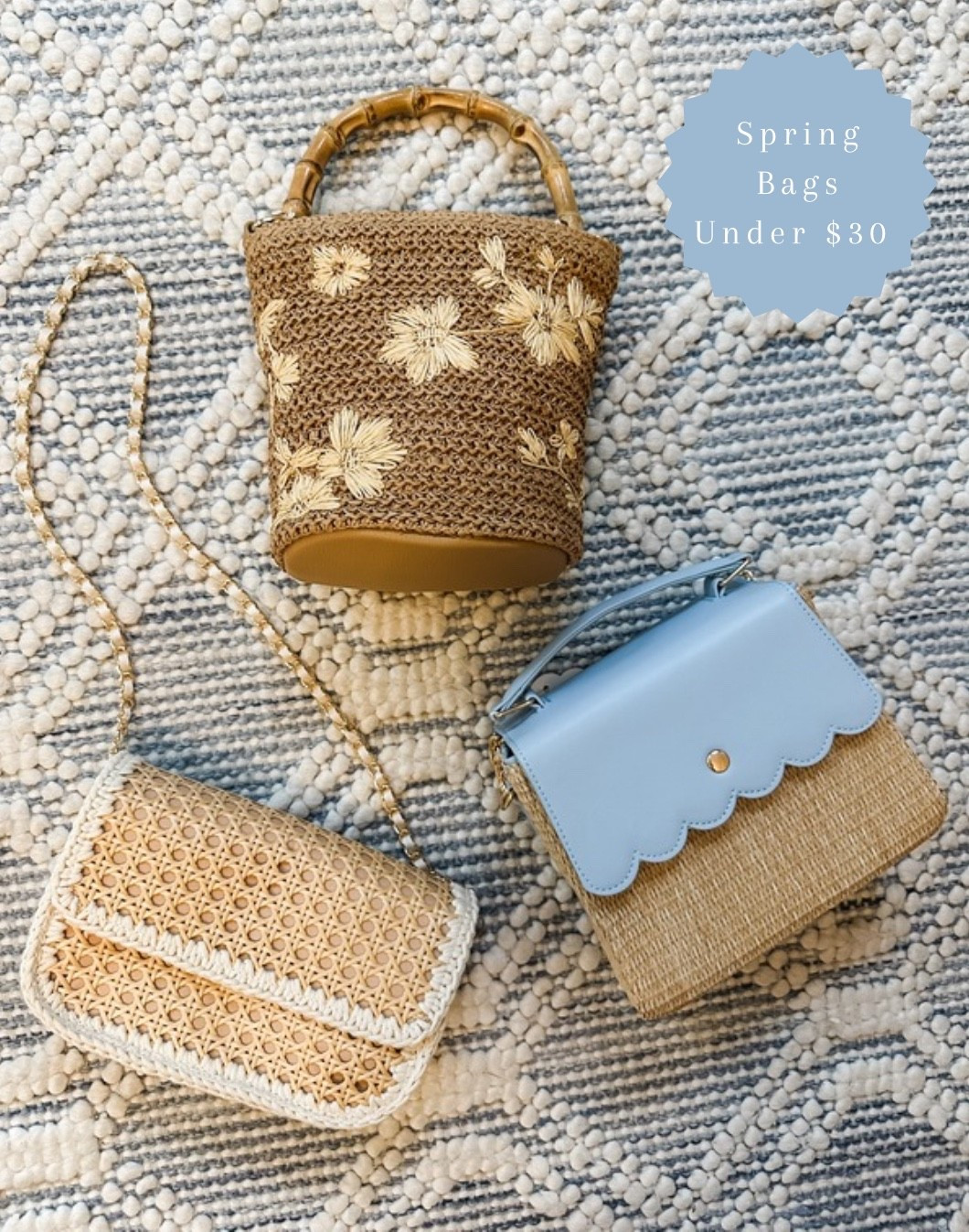 The cutest spring handbags — all $30 and under! 🌸
Perfect for spring outfits, vacation looks, Easter brunch, and summer events.

Scalloped handbag | floral bamboo handle bag | woven cane handbag | spring purse | vacation outfit | coastal style | summer accessories#LTKUnder50

#LTKSpringSale #LTKSeasonal