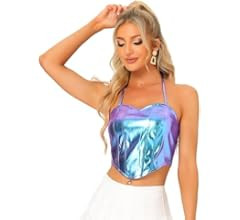 Allegra K Metallic Crop Top for Women's V Neck Cami Shiny Halloween Rave Pary Holographic Halter ... | Amazon (US)