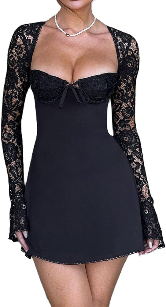 Women 's Elegant Lace Dress Lace Patchwork Long Sleeve Low Cut Mini Dress Backless Tie-up Going O... | Amazon (US)