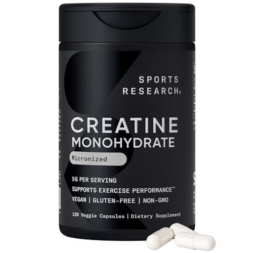 Sports Research® Creatine Monohydrate Capsules - Supports Workout Recovery, Lean Muscle gain, Performance and Strength* - Non-GMO, Vegan Certified - 5g per Servings - 30 Servings | Amazon (US)