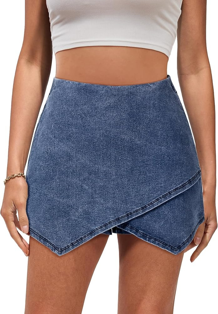 luvamia Jean Skorts for Woman High Waisted Pull On Stretchy Denim Wrap Skirt with Shorts Trendy A... | Amazon (US)