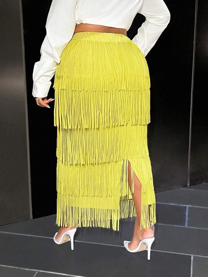 Slaydiva Elegant High-End Avocado Green Fringed Mini Skirt For Women | SHEIN
