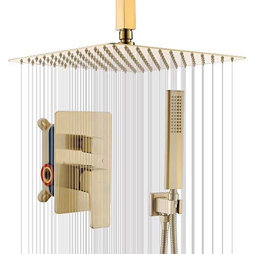 TIPOK Ceiling Brush Gold Shower Fixture, High Pressure 12 Inch Shower Faucet Contain Rainfall ShowerHead and Handheld with Brass Mixer Valve, Golden Brush Rain Shower System Set | Amazon (US)