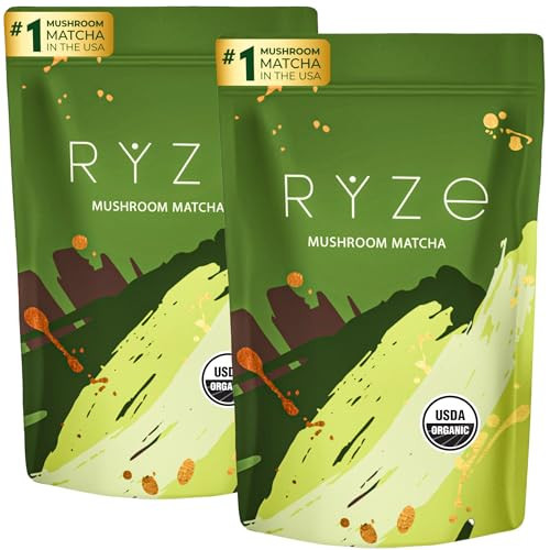 RYZE SUPERFOODS Mushroom Matcha Starter Kit, USDA Organic with 6 Adaptogenic Mushrooms and Ceremonial-Grade Matcha, Energy, Focus, Digestion, Immunity with Turkey Tail, Shiitake, Reishi, 60 servings | Amazon (US)