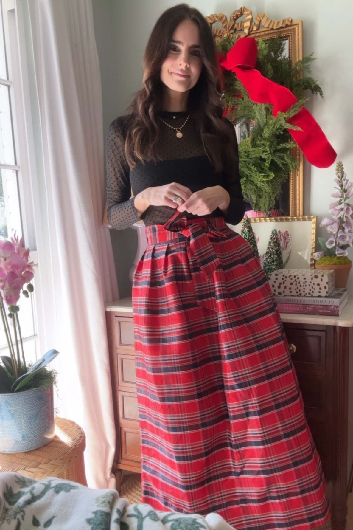 Tartan taffeta skirt (size XS).  Size small Swiss dot mesh top. 