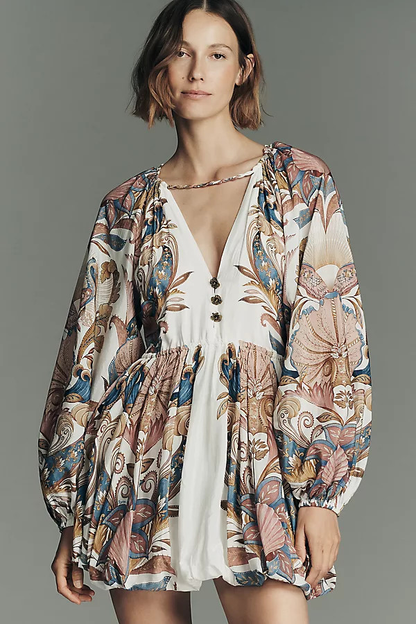 Farm Rio Sea Garden Long-Sleeve Plunge Mini Dress | Anthropologie (US)