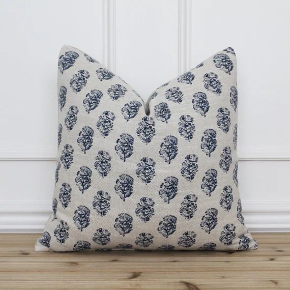 Navy Blue Hand Block Pillow Cover  Floral Pillow Cover  Hand - Etsy | Etsy (US)