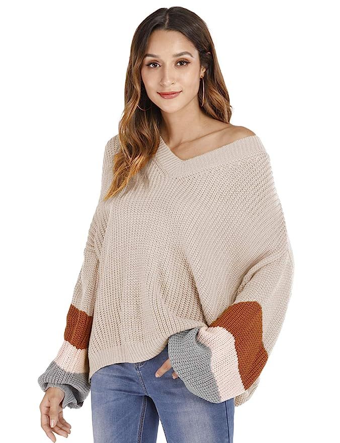 Marbetia Womens Contrast-Sleeve Striped Long Sleeve Loose Knitted Pullover Oversized Sweaters Jum... | Amazon (US)