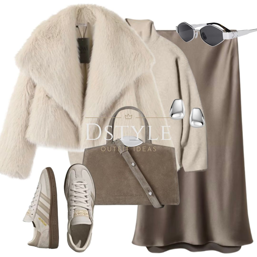 Faux fur cream coat, beige sweater, medium brown satin long skirt, suede bag, Adidas Spezial kicks, sneakers, trainers, comfy yet chic look

 

#LTKWorkwear #LTKStyleTip #LTKShoeCrush