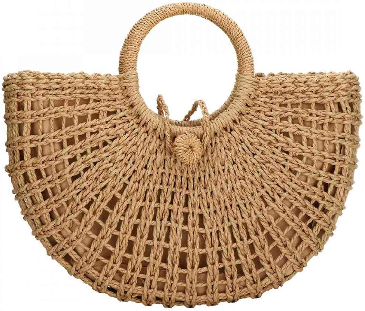 Straw Bags for Women, Large Hand-woven Straw Bag Round Handle Ring Tote Retro Summer Beach Bag | Amazon (US)