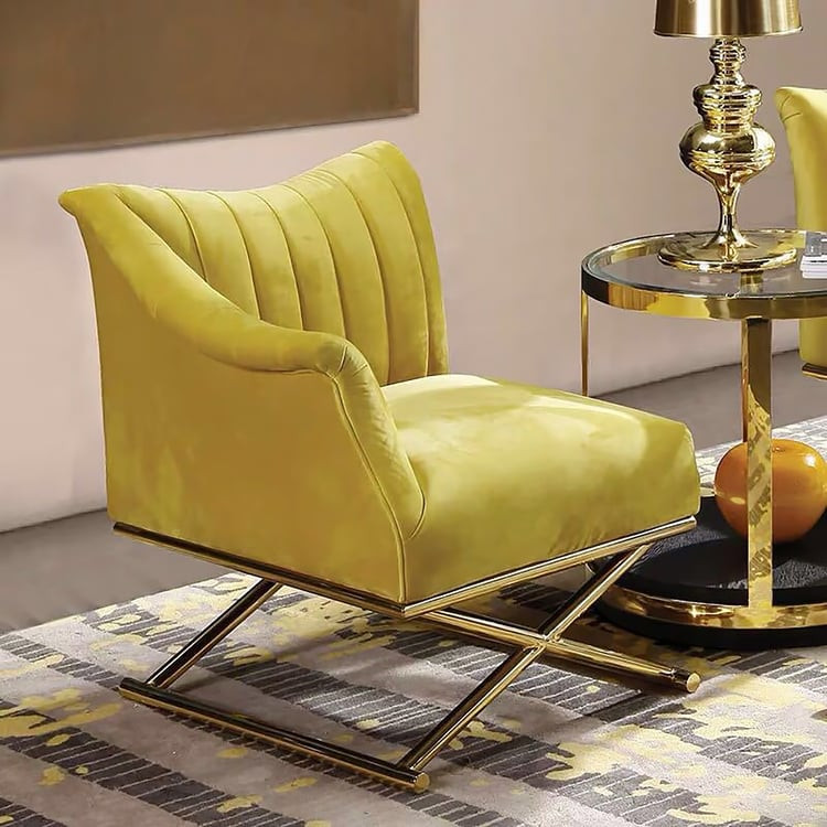 Yellow Velvet-upholstered Accent Chair with Right Side Armrest and Gold Legs | Homary