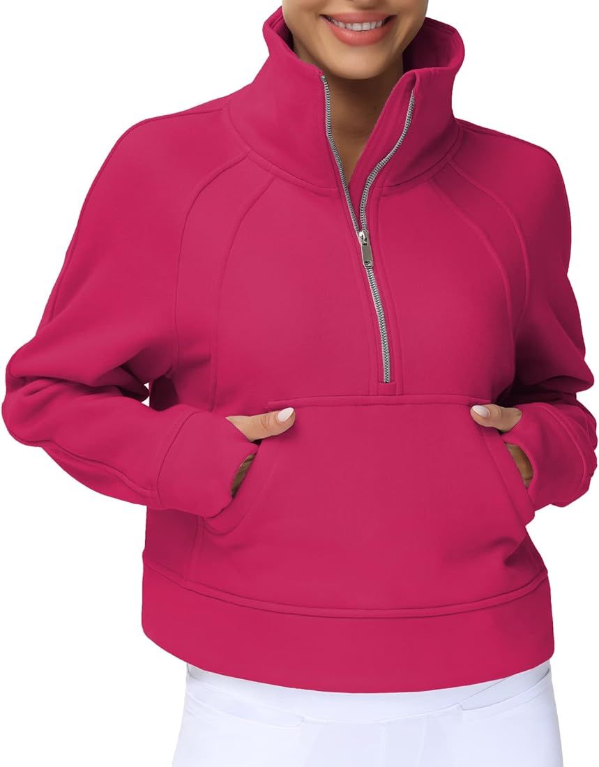 THE GYM PEOPLE Womens' Half Zip Pullover Fleece Stand Collar Crop Sweatshirt with Pockets Thumb H... | Amazon (CA)