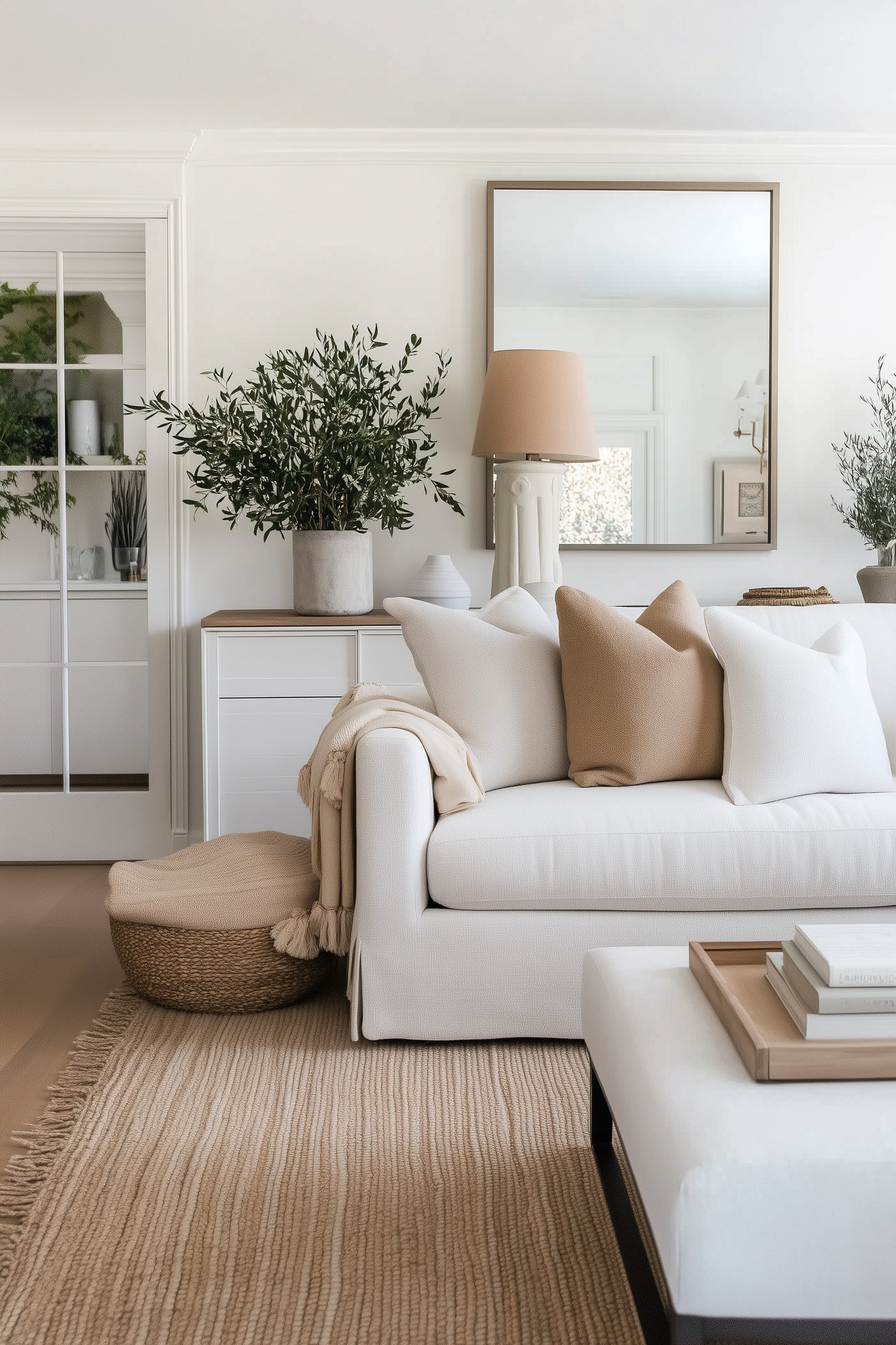 this neutral living room with an organic modern palette—warm whites, beige, and natural wood. A linen sofa, jute rug, layered pillows, and olive branches give you calm texture and airy light. If you love Studio McGee style, use this formula: clean lines, soft neutrals, and natural accents for a cozy, timeless space you’ll want to live in every day. 

 #LTKHome #LTKStyleTip