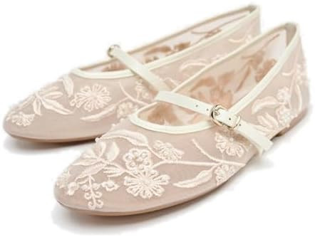 Mesh Ballet Flats for Women Embroidered Floral Mary Jane Flats Round Toe Slip On Ballerina Shoes ... | Amazon (UK)