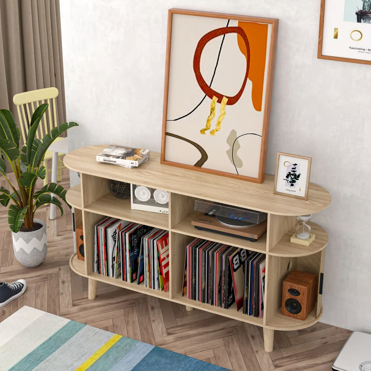 Ethelrene Large Record Player Stand, Mid-century Turntable Stand With Sliding Doors, Vinyl Displa... | Wayfair North America