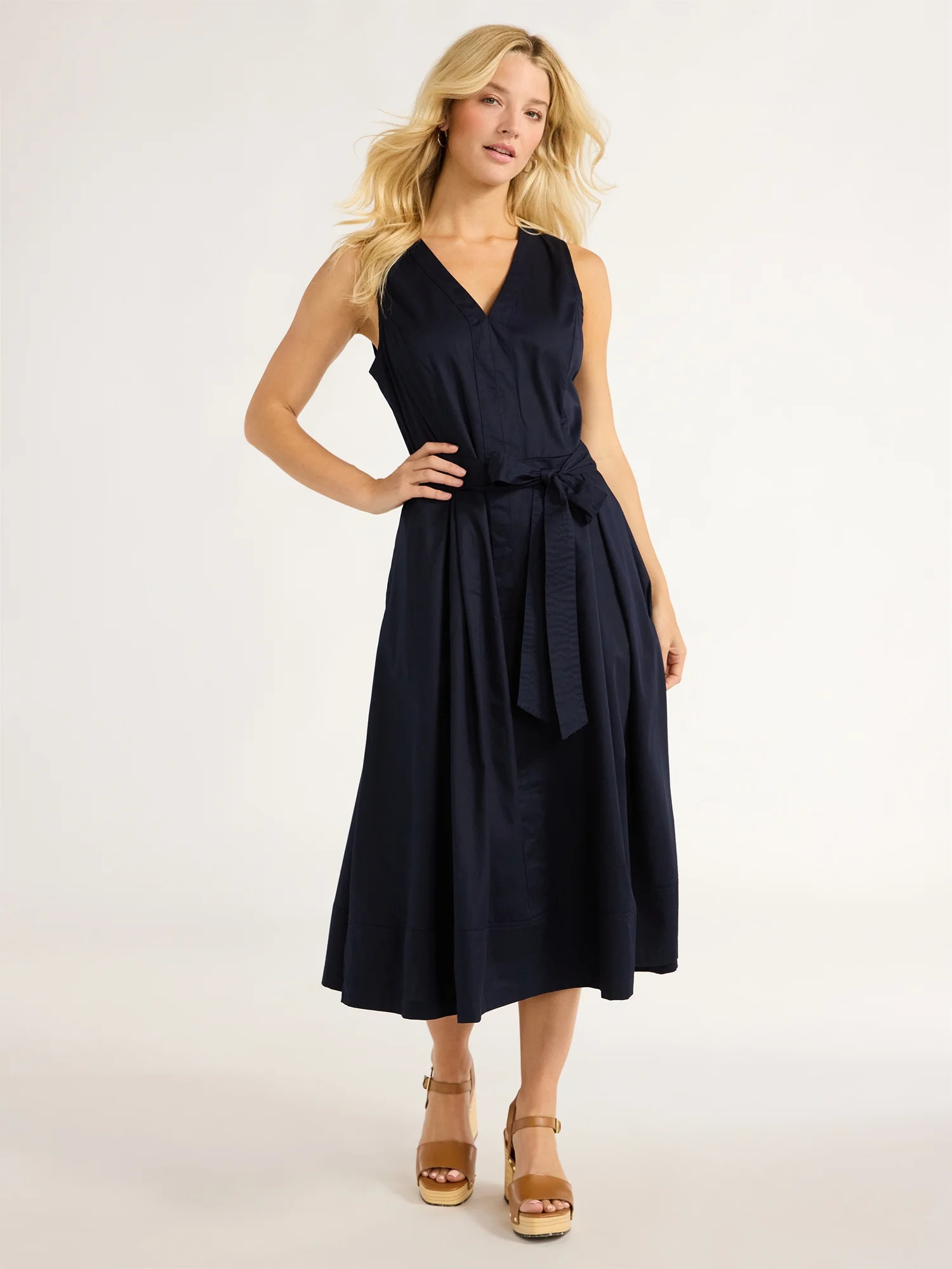 Free Assembly Women's Sleeveless V-Neck Belted Cotton Midi Dress, XS-XXL | Walmart (US)