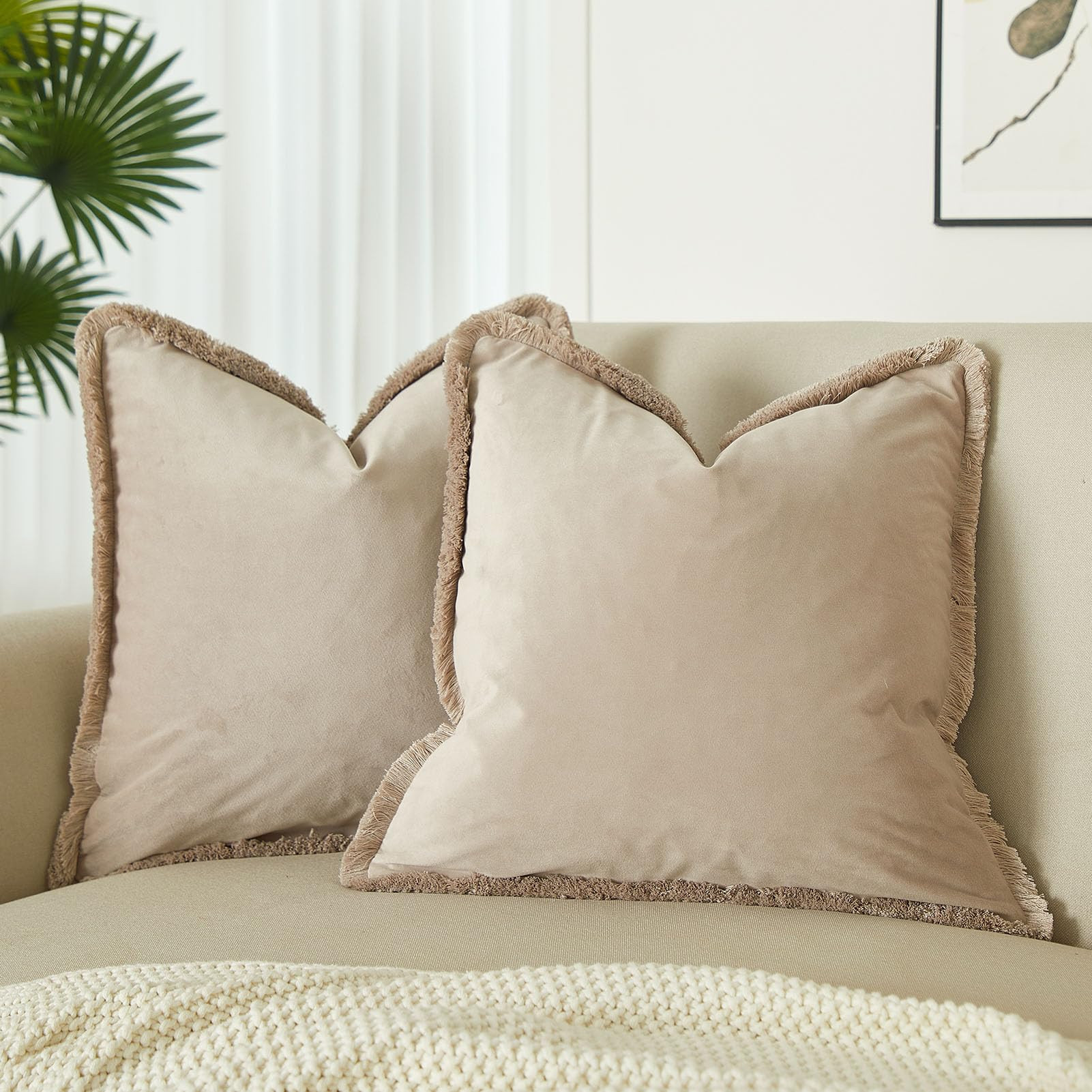JUSPURBET Champagne Decorative Velvet Fringe Throw Pillow Covers 22x22 Set of 2 Boho Soft Cushion Case for Home Decor Living Room Couch Sofa Bed | Amazon (US)