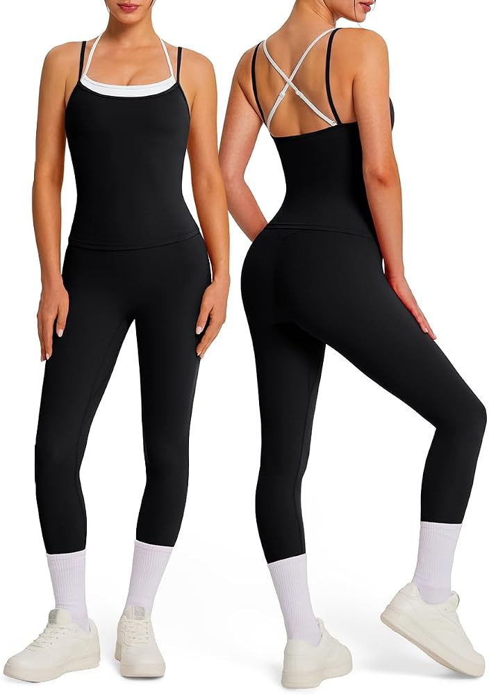 OMKAGI Double Layer Workout Sets for Women Open Back Tank Booty Gym Outfits | Amazon (US)
