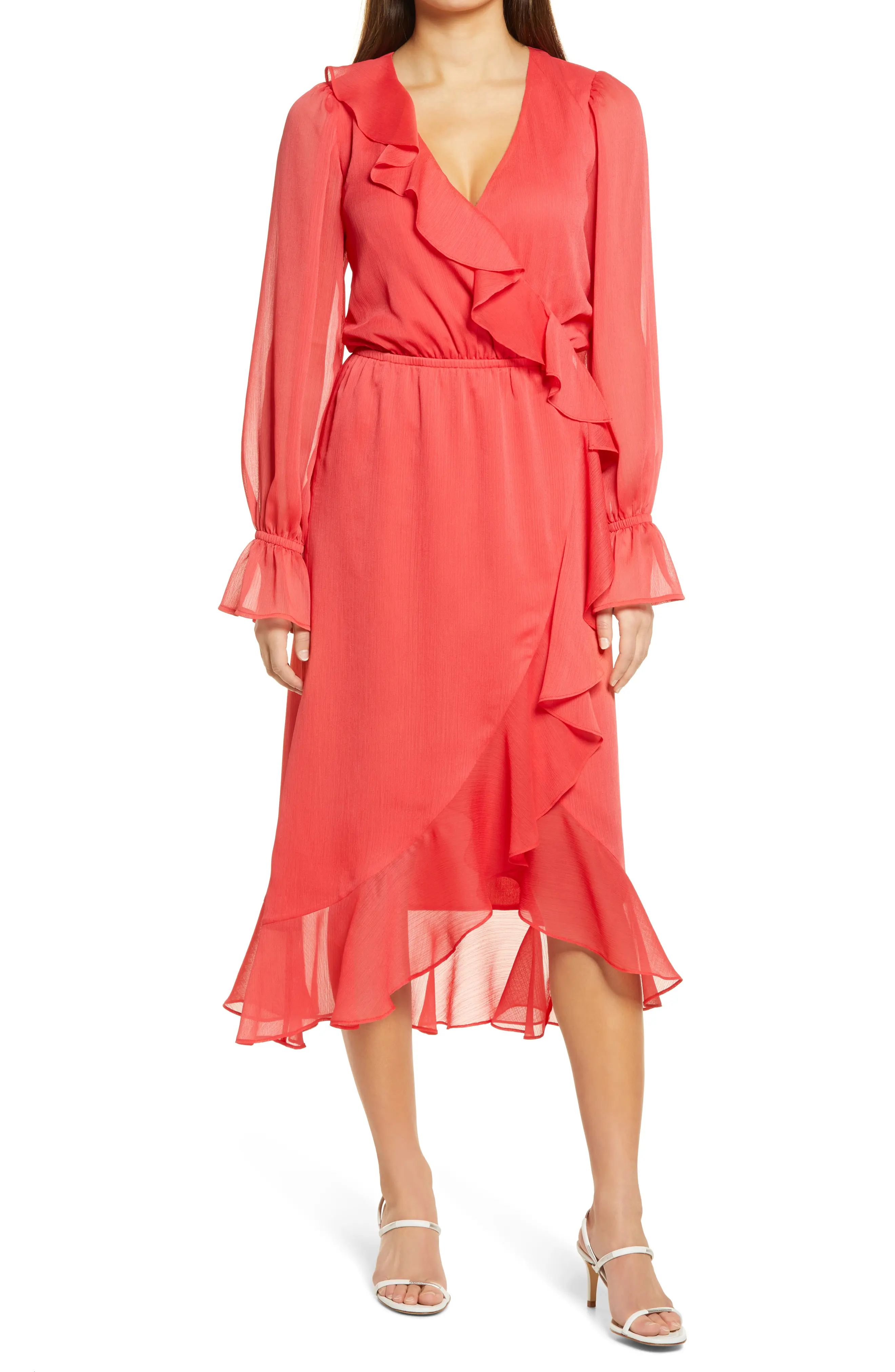 Women's Chelsea28 Long Sleeve Ruffle Chiffon Wrap Dress, Size X-Small - Red | Nordstrom