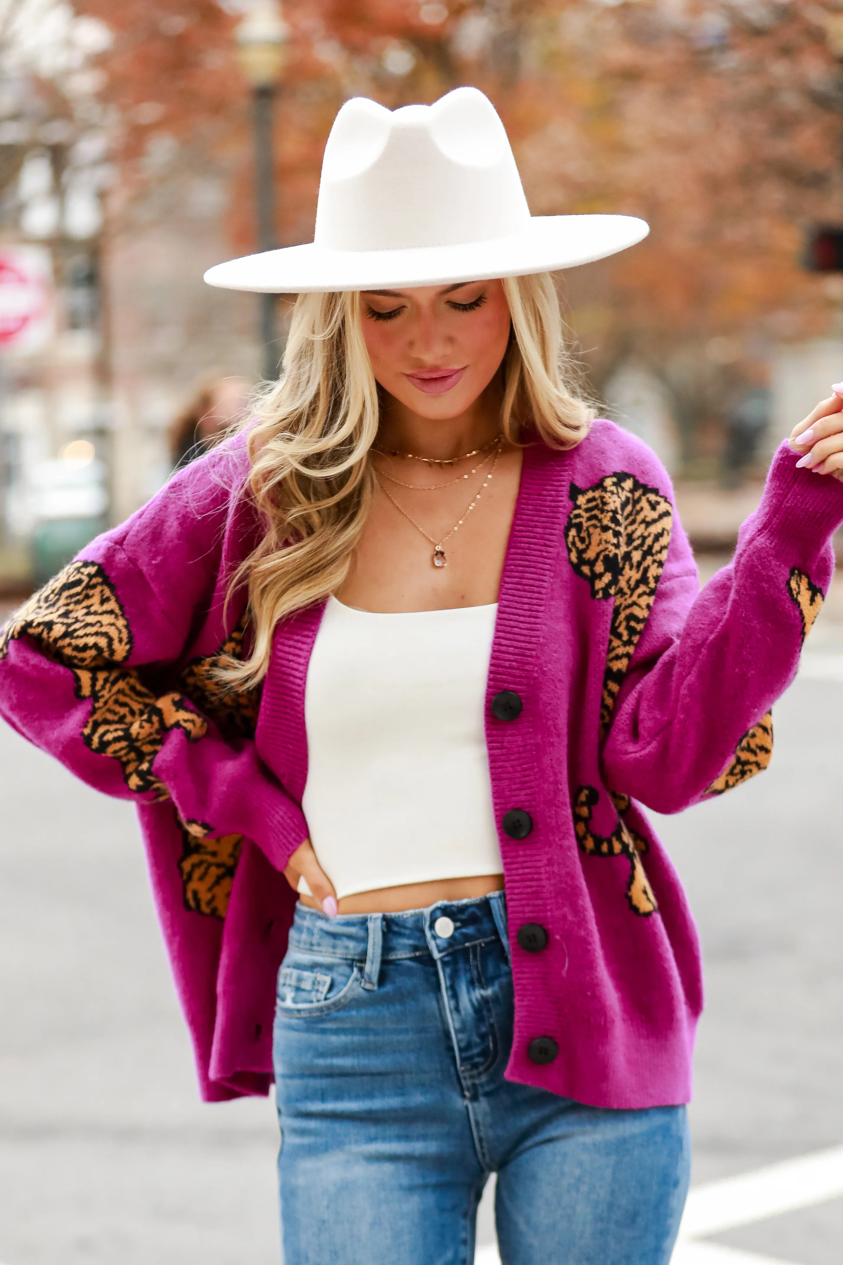 Wild Comfort Magenta Tiger Oversized Sweater Cardigan | Dress Up