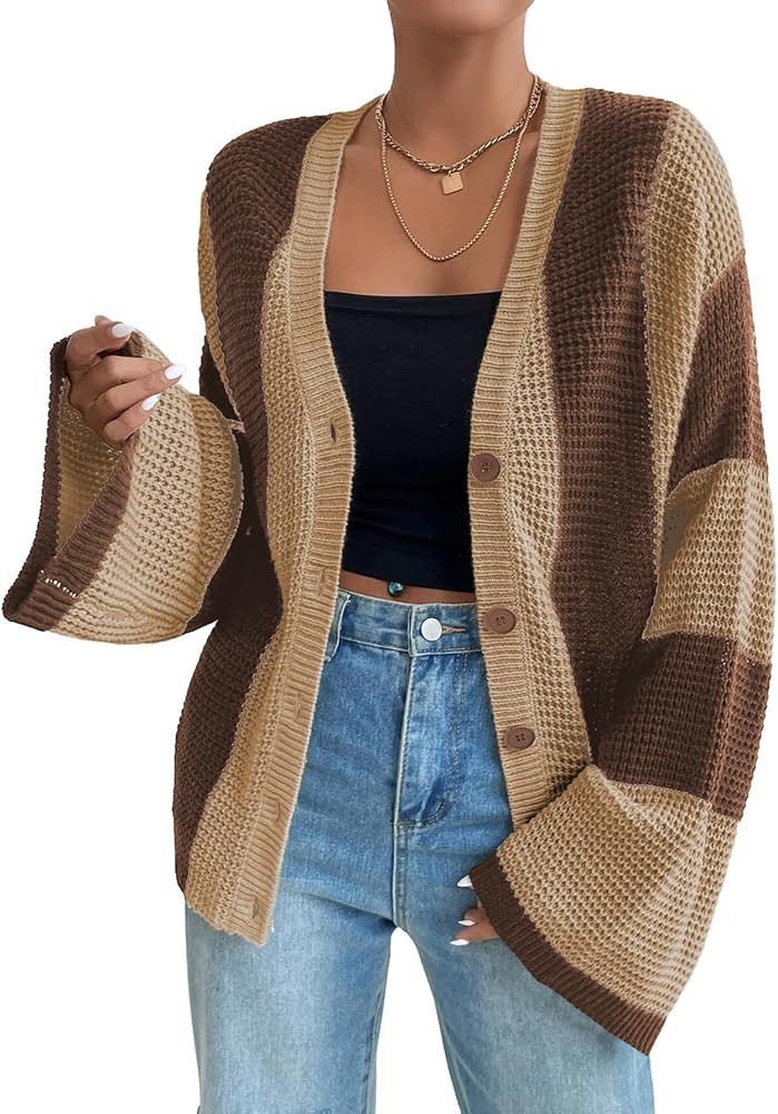 Verdusa Women's Colorblock Drop Shoulder Button Front Bell Sleeve Knitted Cardigan Sweater | Amazon (US)