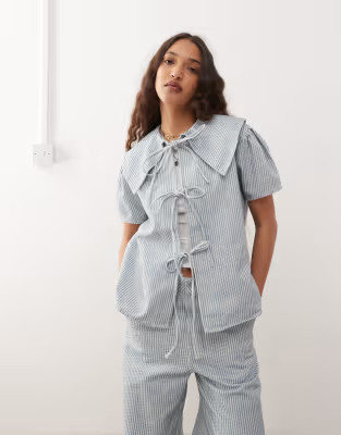 Reclaimed Vintage tie front denim top with oversized collar in blue pinstripes - part of a set | ASOS (Global)