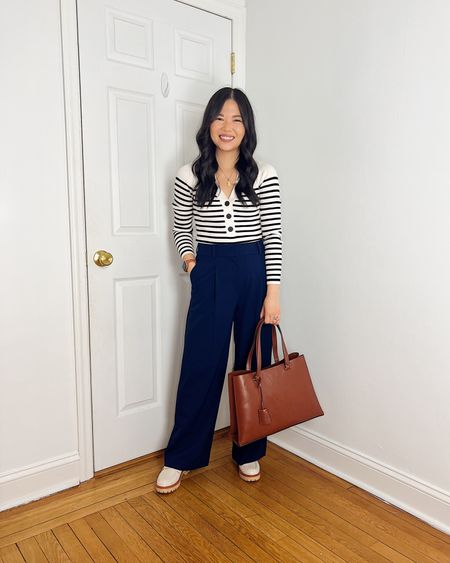 Striped long sleeve (XS)
Navy pants (27P)
Navy trousers
Navy wide leg pants
Brown tote bag
White loafers (TTS)
White chunky loafers
Smart casual outfit
Spring outfit
LOFT outfit
Teacher outfit

#LTKstyletip #LTKfindsunder50 #LTKworkwear