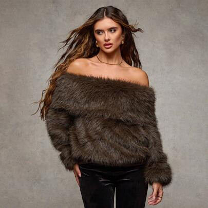 Women's Autumn And Winter Chocolate Brown Retro Fur Christmas Outfits, Winter Outfits, Daily Fashion And Versatile One-Shoulder Women's Off-The-Should | SHEIN