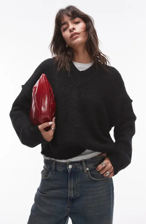 Topshop High V-Neck Sweater in Black at Nordstrom, Size X-Small | Nordstrom