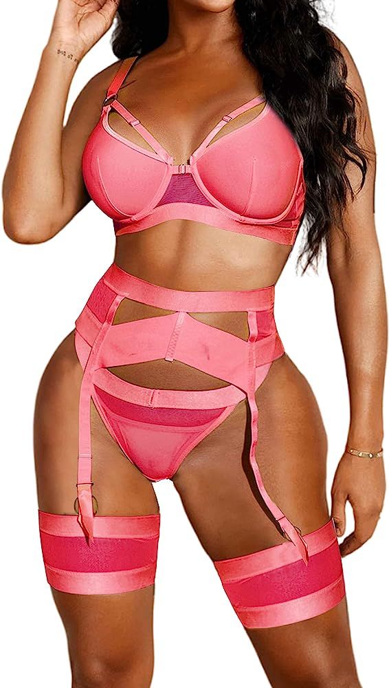 Aranmei Womens Sexy Lingerie Set with Garter Belt, 4PC, Underwire Bra and Panty Sets, Garter belt an | Amazon (US)