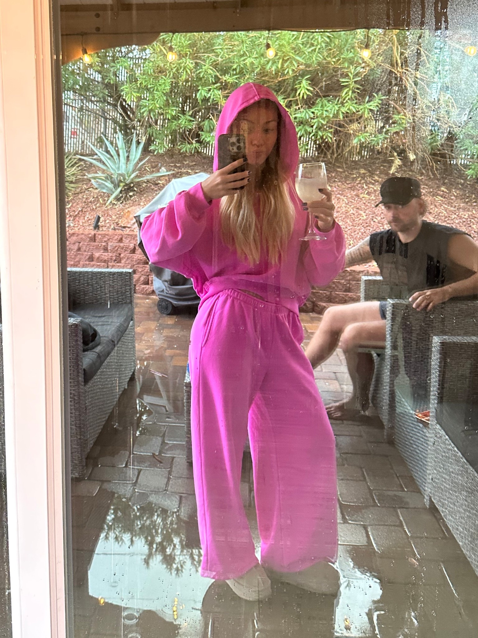 wearing small hoodie and XS petite pants