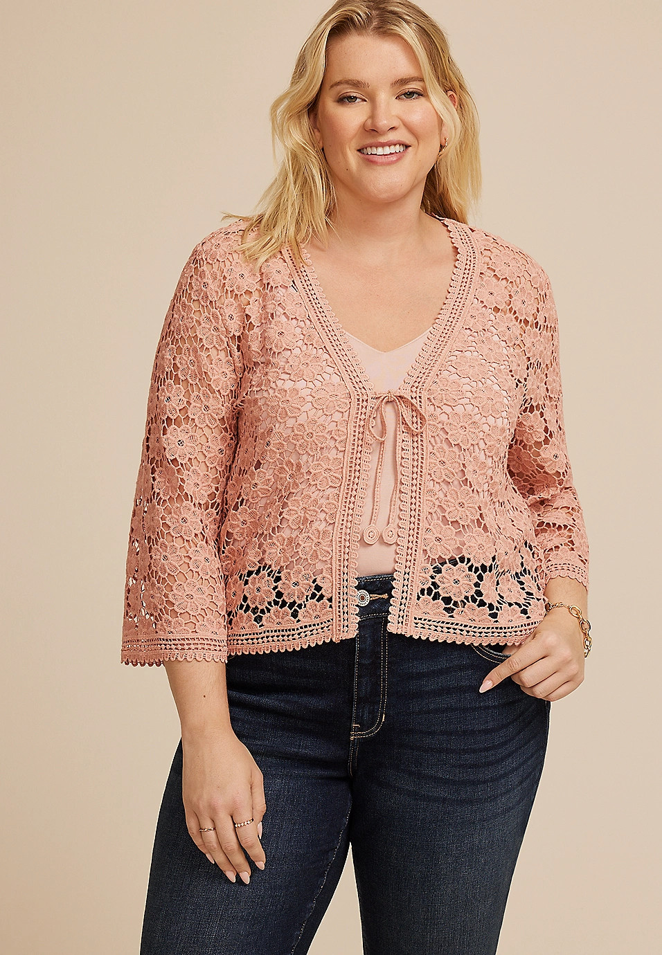 Plus Size Floral Crochet Tie Front Cardigan | Maurices