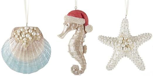 Delton Beach Coastal Christmas Tree Ornaments, Set of 3 Starfish, Clam Shell, Seahorse | Amazon (US)