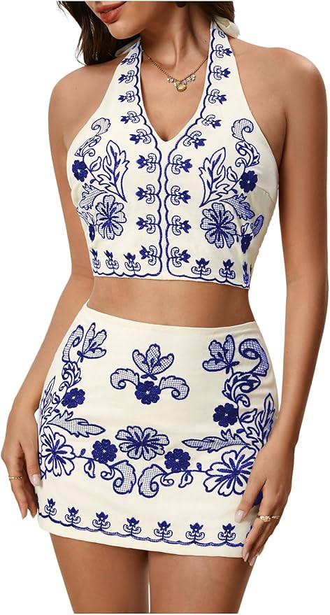 MakeMeChic Women's 2 Piece Skirt Set Cowboy Chic Halter Linen Vacation Set Floral Embroidery Outf... | Amazon (US)